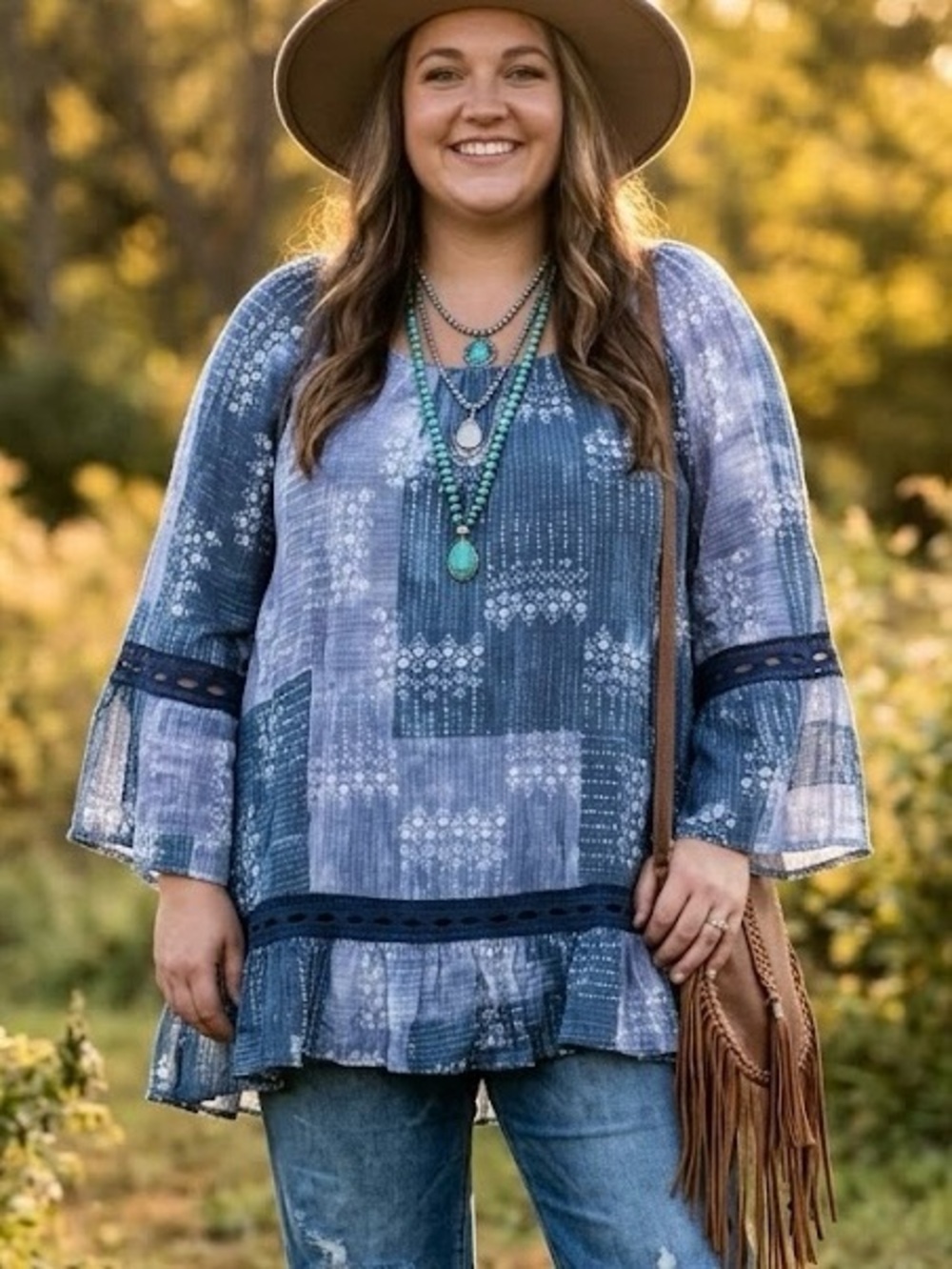 Zac & Rachel Blue Patchwork Tunic Bell Sleeve Boho Peasant Hippie Indie Crochet